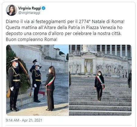 Burgemeester legt lauwerkrans aan Vittoriano voor feestdag van Rome raggi_21april_krans