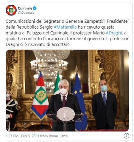 Mario Draghi wordt de nieuwe premier van Italië quirinale_tweet030121