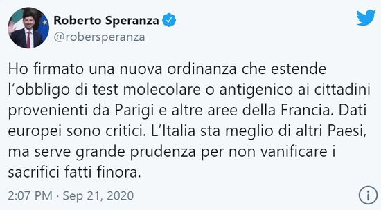 Verplichte virustest voor wie vanuit Frankrijk naar Italië reist speranza210920